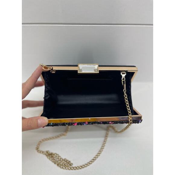 Nina Clutch Black Multi-Color Pebble Rhinestone Gold Chain Prom Party Evening - Picture 4 of 5